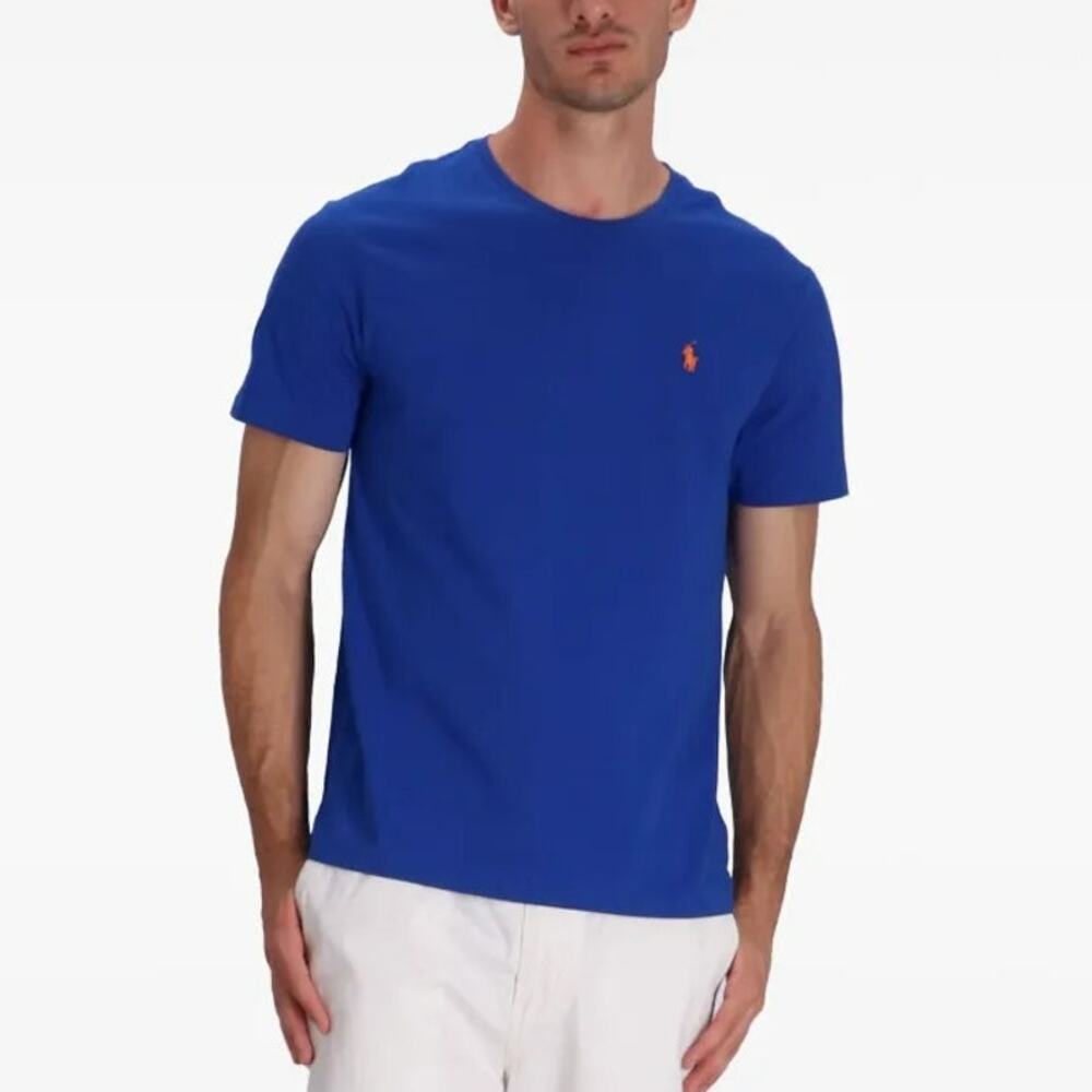 Polo Ralph Lauren T Shirt Cobalt Blue Cotton Crewneck Orange Logo Size M
